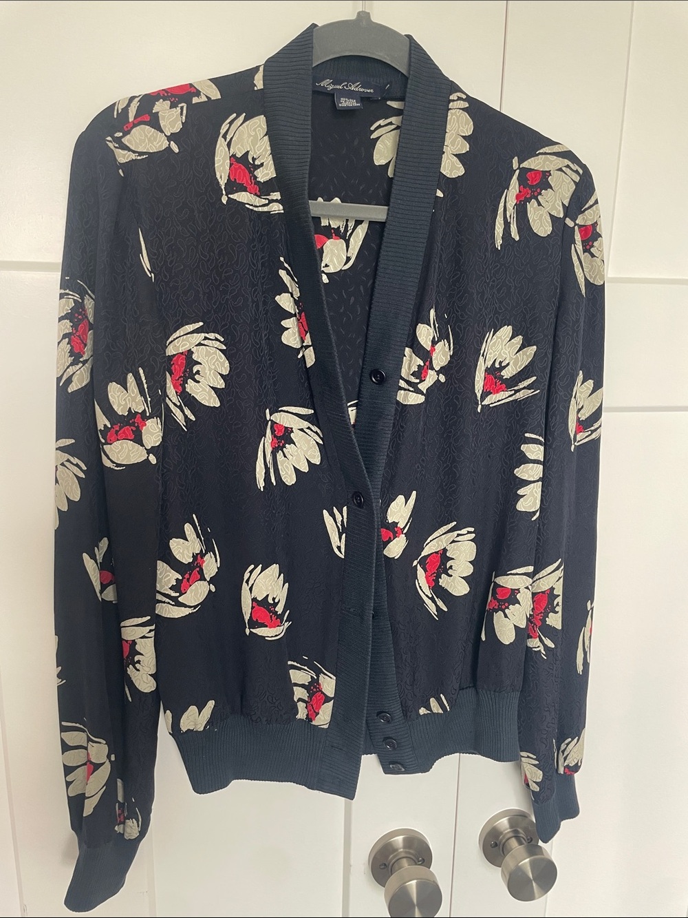 Vintage Navy Button-Front Silk Cardigan with Red Floral Accents